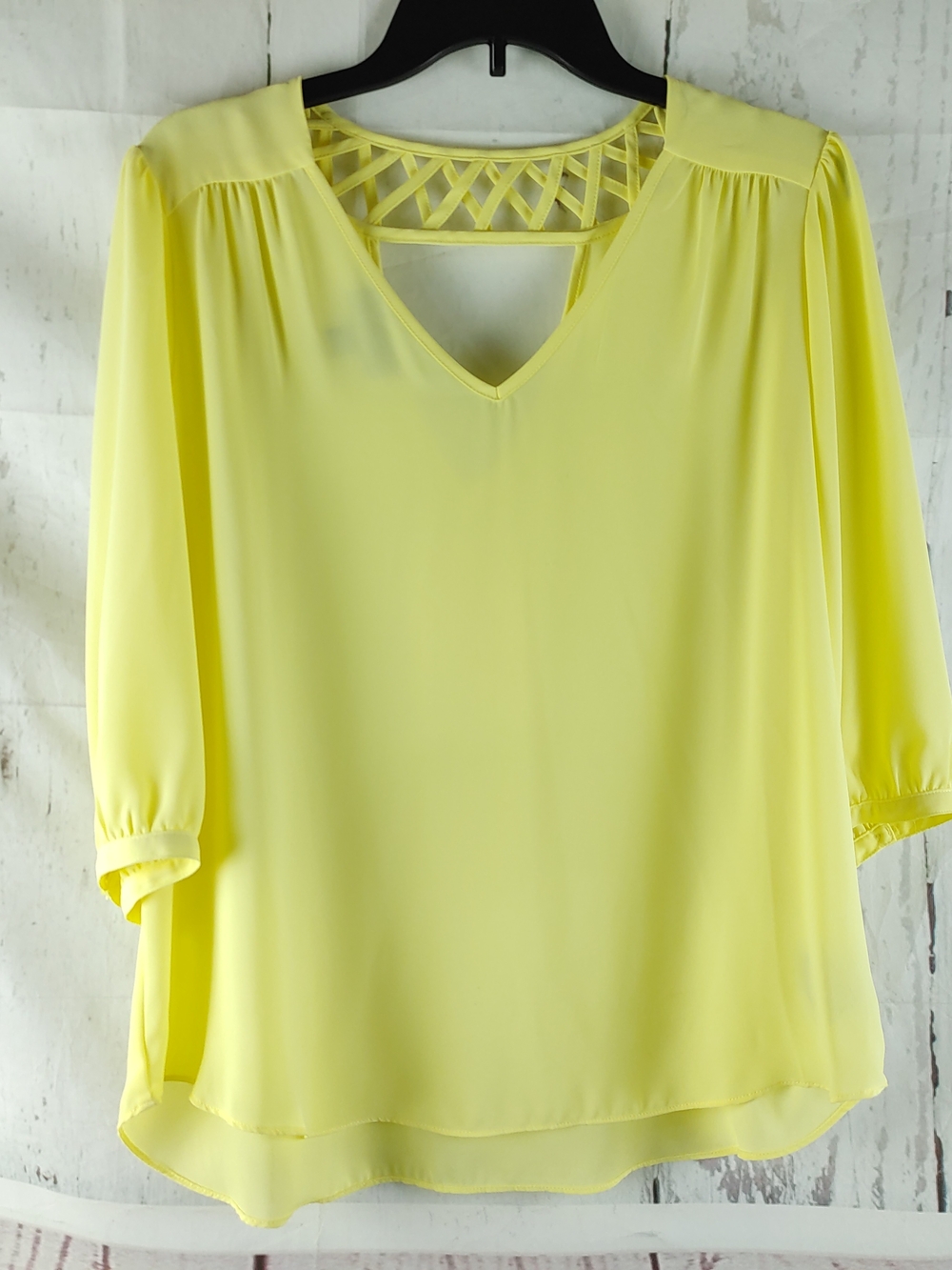 BCX Lemon Yellow V-Neck Blouse with Lattice Back